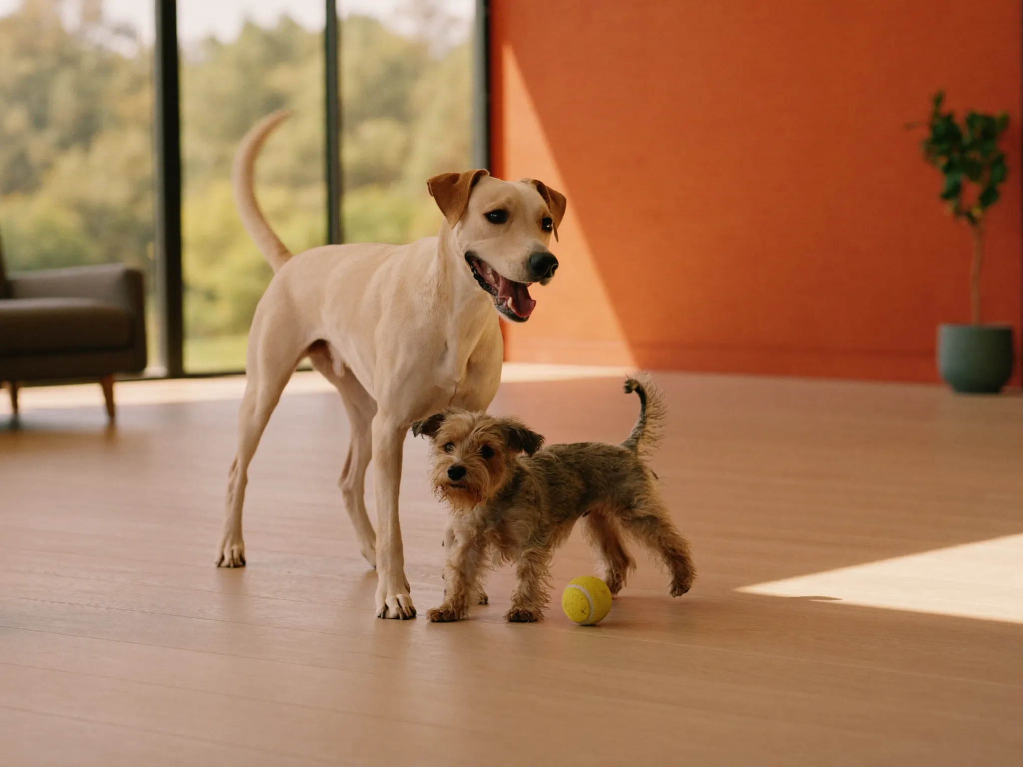 Chiens jouant dans une garderie canine lumineuse
